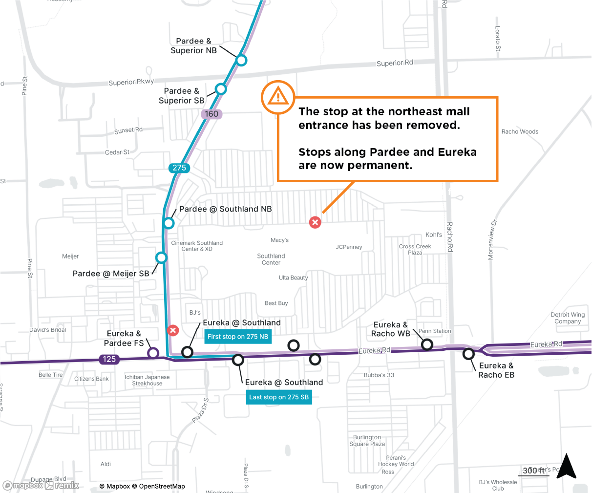 South Taylor bus stops, January 2026 A map of the Southland Center service change on Routes 125, 160, and 175. Buses are now permanently serving new stops along the mall perimeter on Pardee Road and Eureka Road. Transfer between all three routes on Eureka east of Pardee.