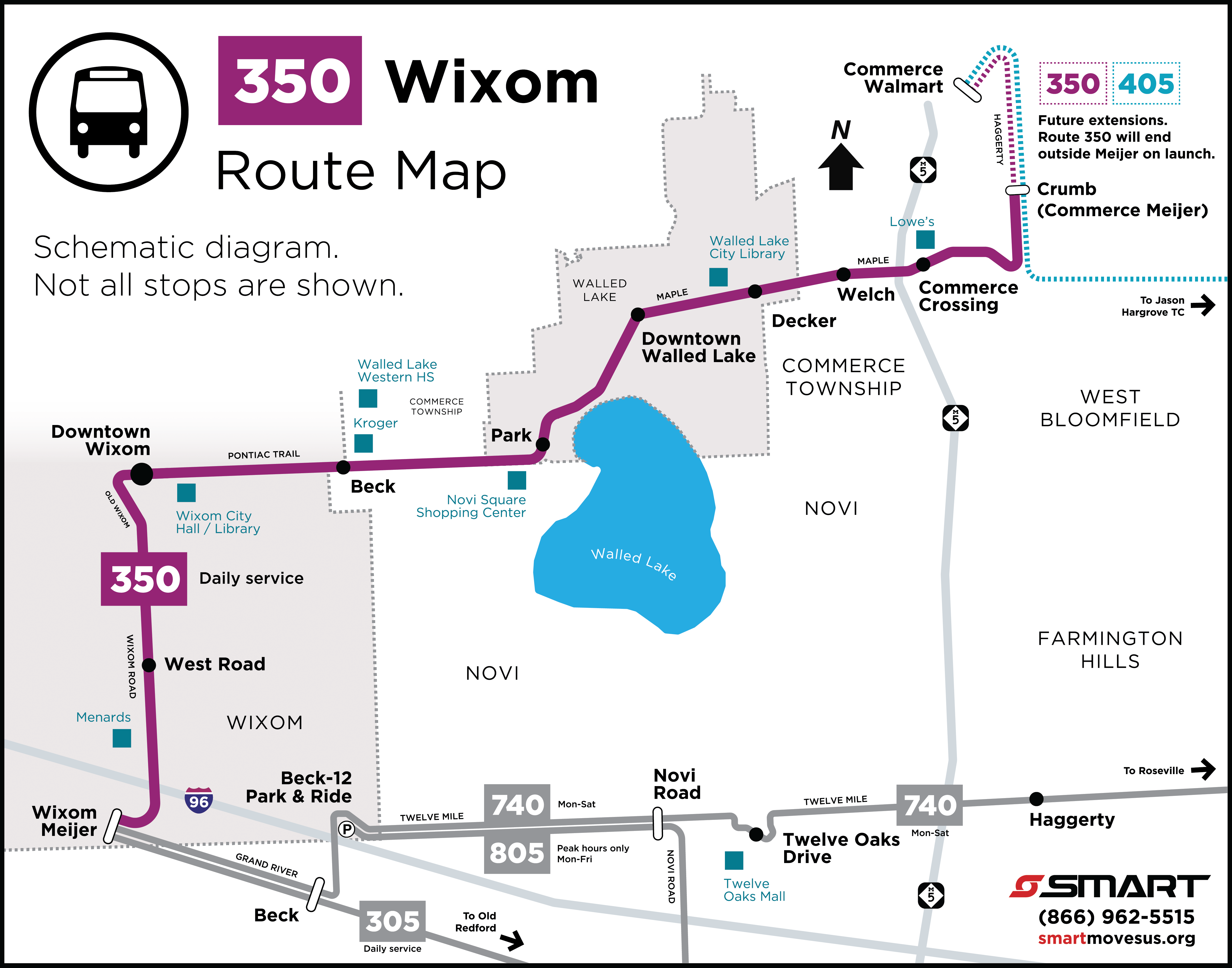A schematic map of Route 350. Buses will travel from Wixom Meijer on Grand River to Commerce Meijer and Walmart via Wixom, Pontiac Trail, Maple, and Haggerty. A schematic map of Route 350. Buses will travel from Wixom Meijer on Grand River to Commerce Meijer and Walmart via Wixom, Pontiac Trail, Maple, and Haggerty.